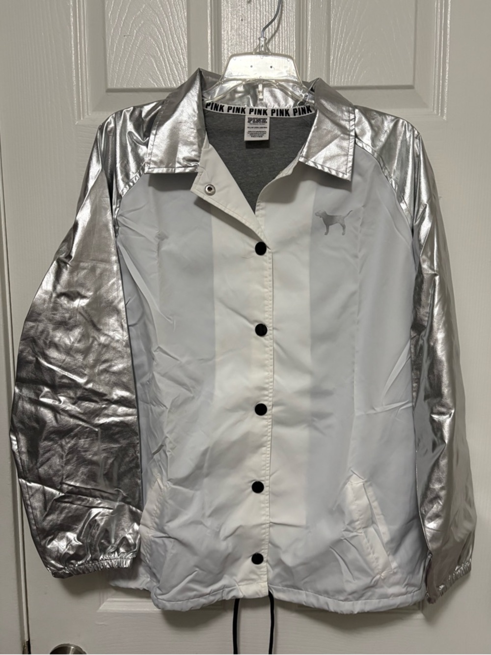 *PINK Victoria's Secret Metallic Silver and White X-Small Sporty Coach Jacket